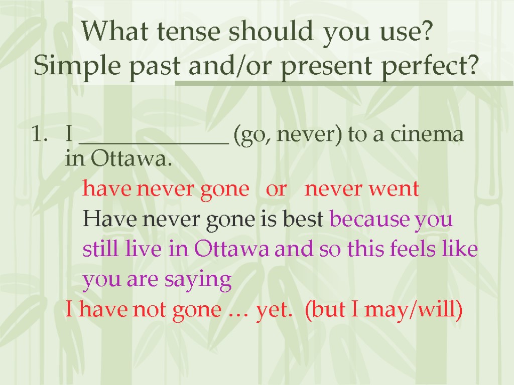 What tense should you use? Simple past and/or present perfect? I _____________ (go, never)